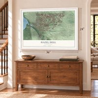 Hazel Dell, Washington map, 24 x 36 inch print in a white frame above a dresser by a staircase