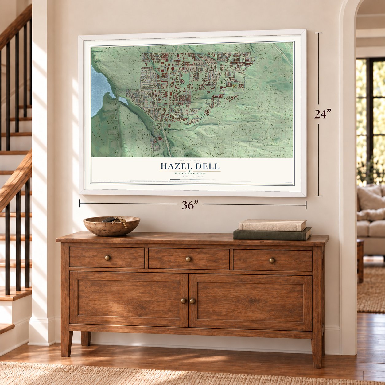 Hazel Dell, Washington map, 24 x 36 inch print in a white frame above a dresser by a staircase