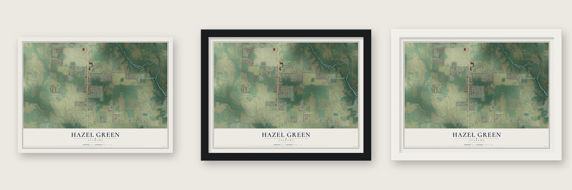 Hazel Green, Alabama map unframed, in a black wood frame and in a white wood frame