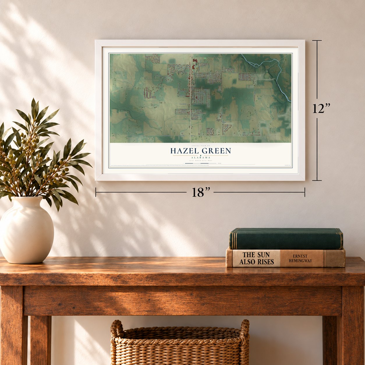 Hazel Green, Alabama map, 12 x 18 inch print in a white frame in an entryway