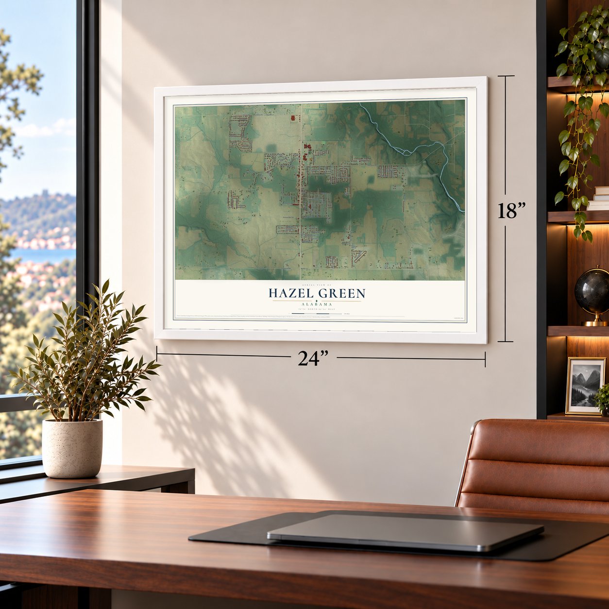 Hazel Green, Alabama map, 18 x 24 inch print in a white frame in a home office
