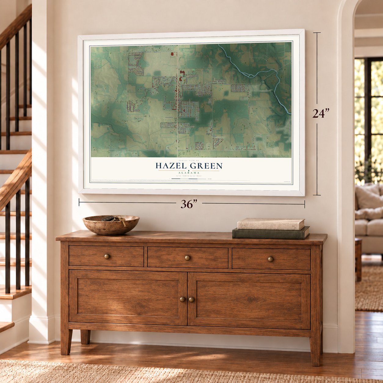 Hazel Green, Alabama map, 24 x 36 inch print in a white frame above a dresser by a staircase