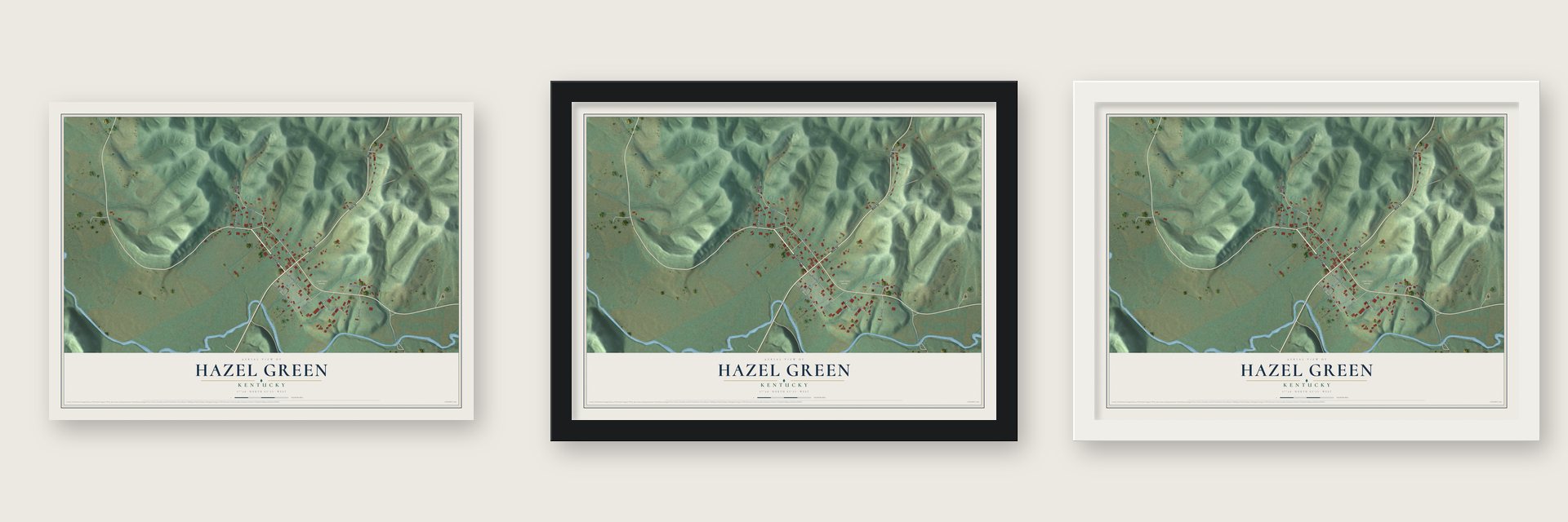 Hazel Green, Kentucky map unframed, in a black wood frame and in a white wood frame