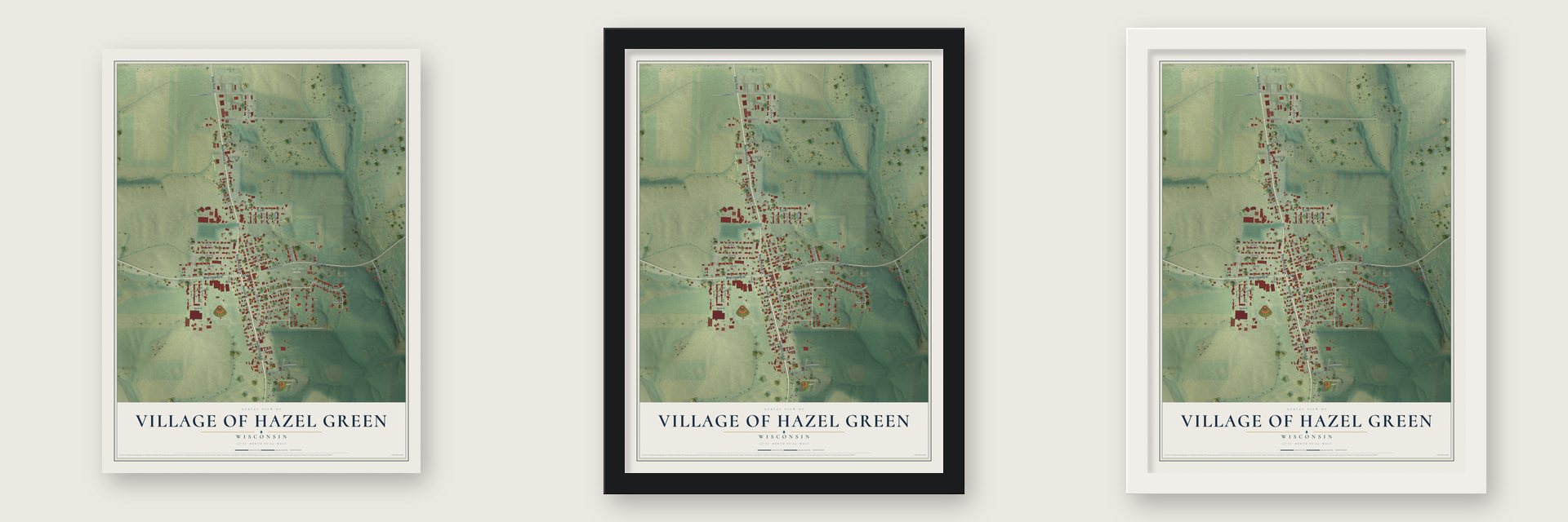 Hazel Green, Wisconsin map unframed, in a black wood frame and in a white wood frame