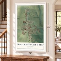 Hazel Green, Wisconsin map, 24 x 36 inch print in a white frame by a staircase