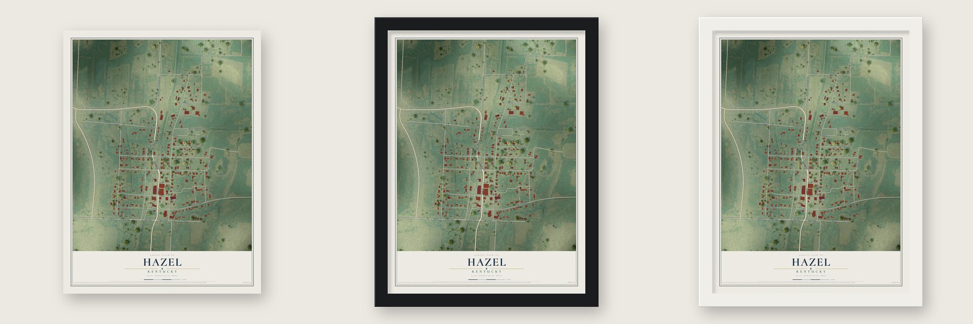 Hazel, Kentucky map unframed, in a black wood frame and in a white wood frame