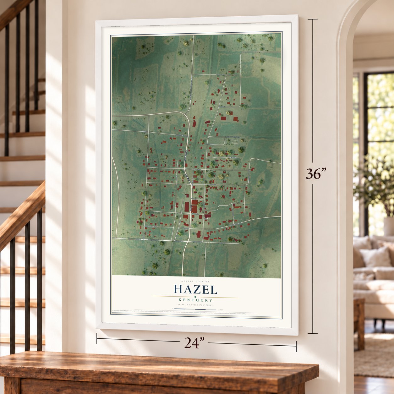 Hazel, Kentucky map, 24 x 36 inch print in a white frame by a staircase