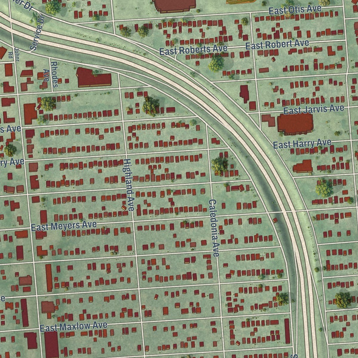 Second close-up of the map of Hazel Park, Michigan print showing more streets and buildings