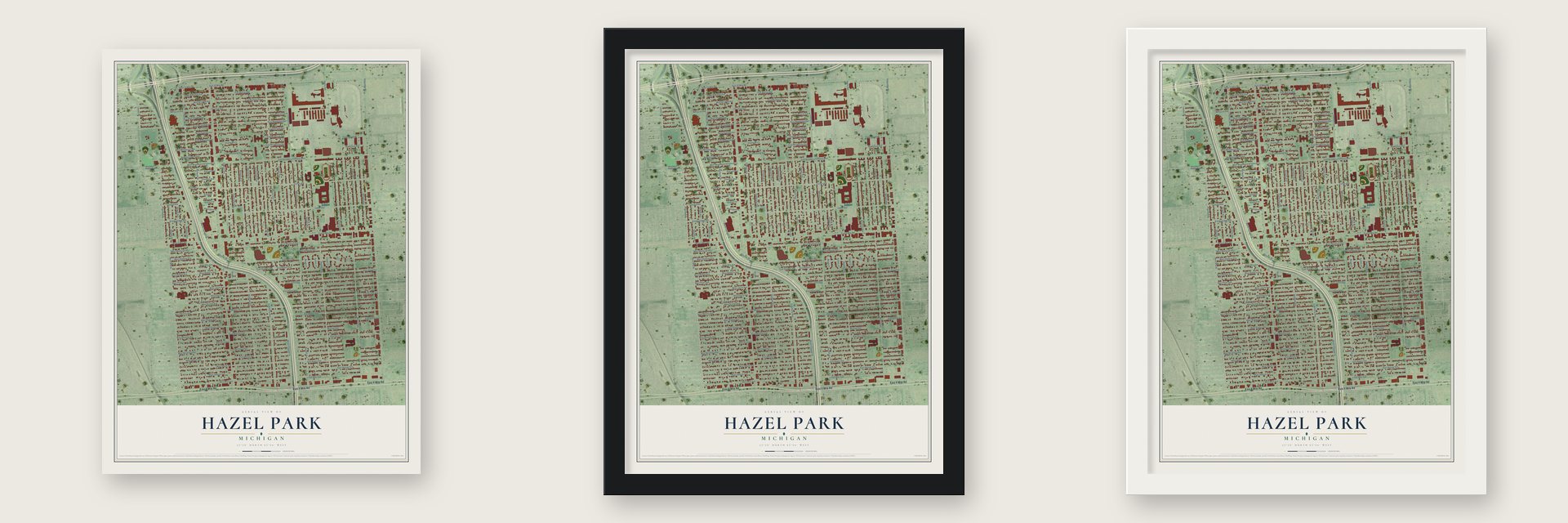 Hazel Park, Michigan map unframed, in a black wood frame and in a white wood frame