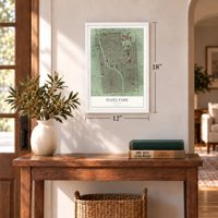 Hazel Park, Michigan map, 12 x 18 inch print in a white frame in an entryway