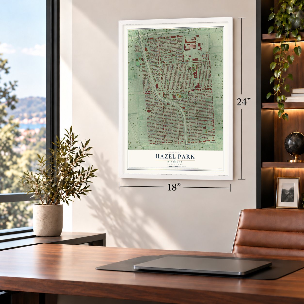 Hazel Park, Michigan map, 18 x 24 inch print in a white frame in a home office
