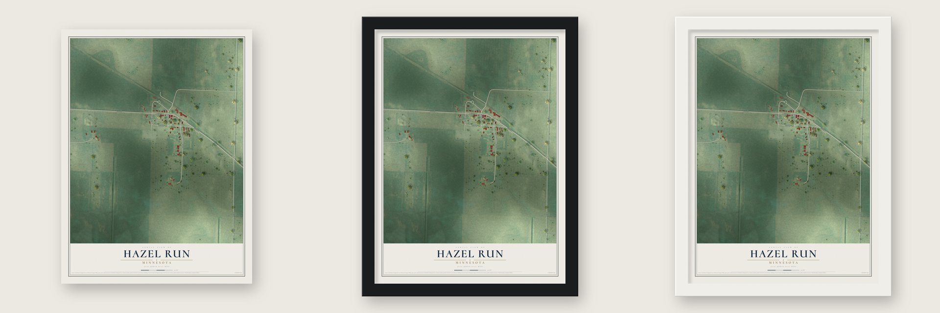 Hazel Run, Minnesota map unframed, in a black wood frame and in a white wood frame