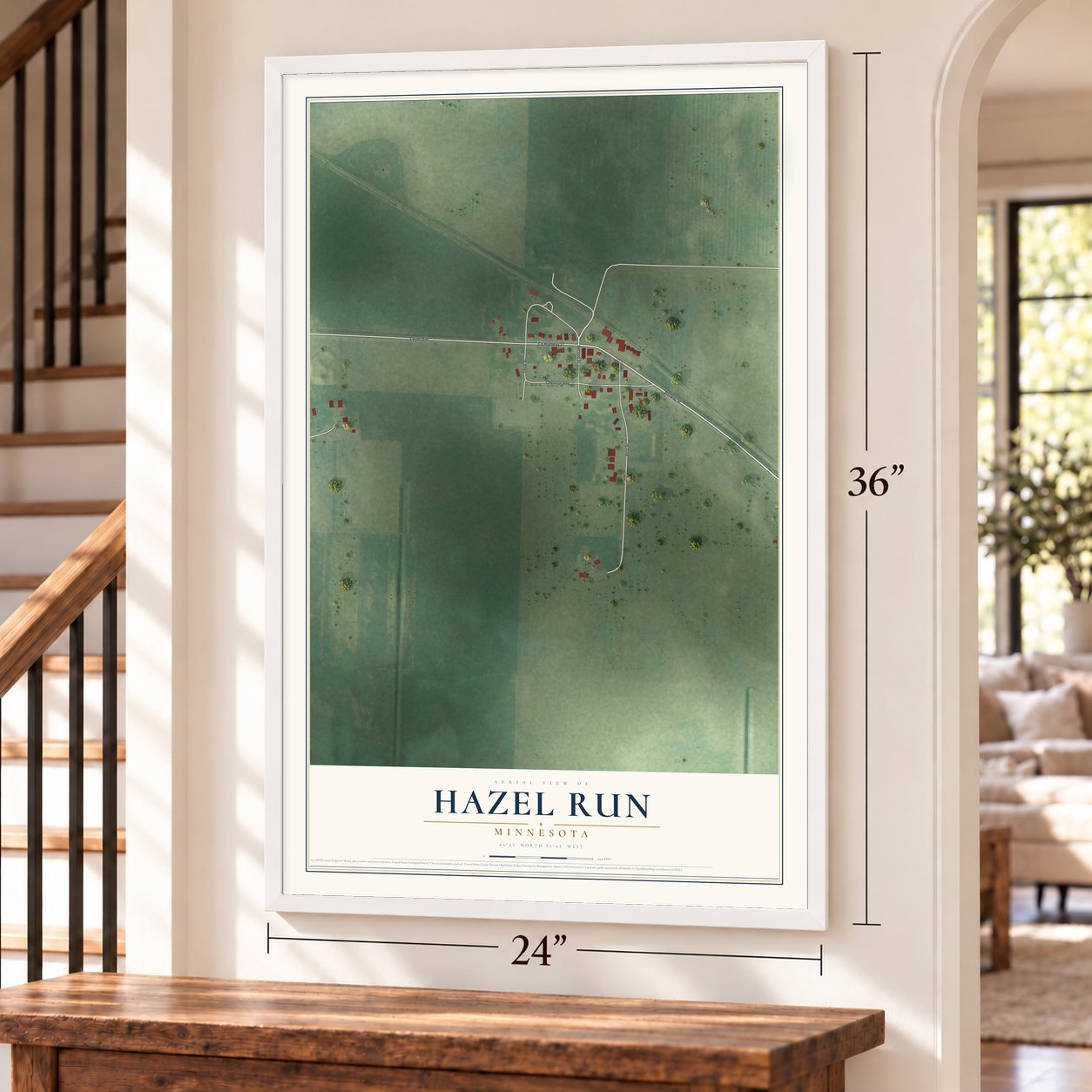 Hazel Run, Minnesota map, 24 x 36 inch print in a white frame by a staircase