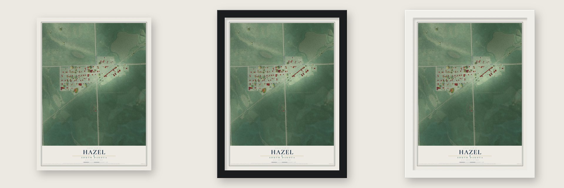 Hazel, South Dakota map unframed, in a black wood frame and in a white wood frame