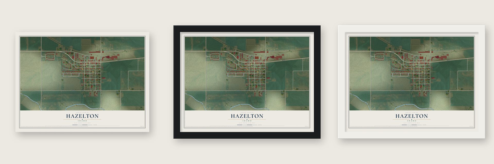 Hazelton, Idaho map unframed, in a black wood frame and in a white wood frame
