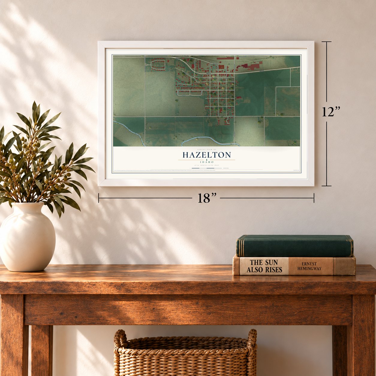 Hazelton, Idaho map, 12 x 18 inch print in a white frame in an entryway