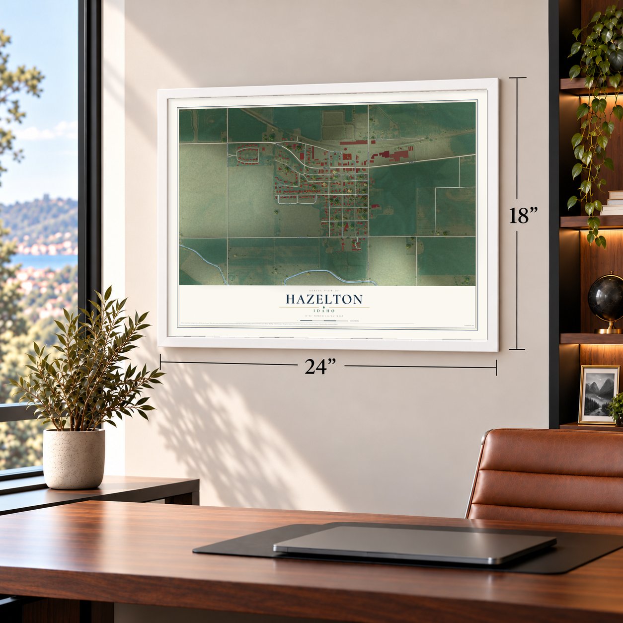Hazelton, Idaho map, 18 x 24 inch print in a white frame in a home office
