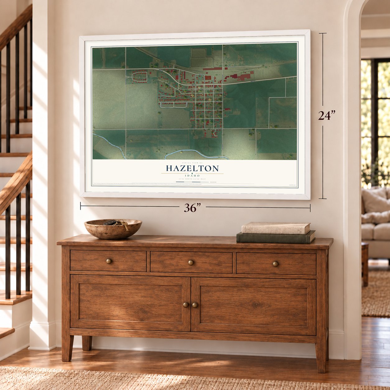 Hazelton, Idaho map, 24 x 36 inch print in a white frame above a dresser by a staircase