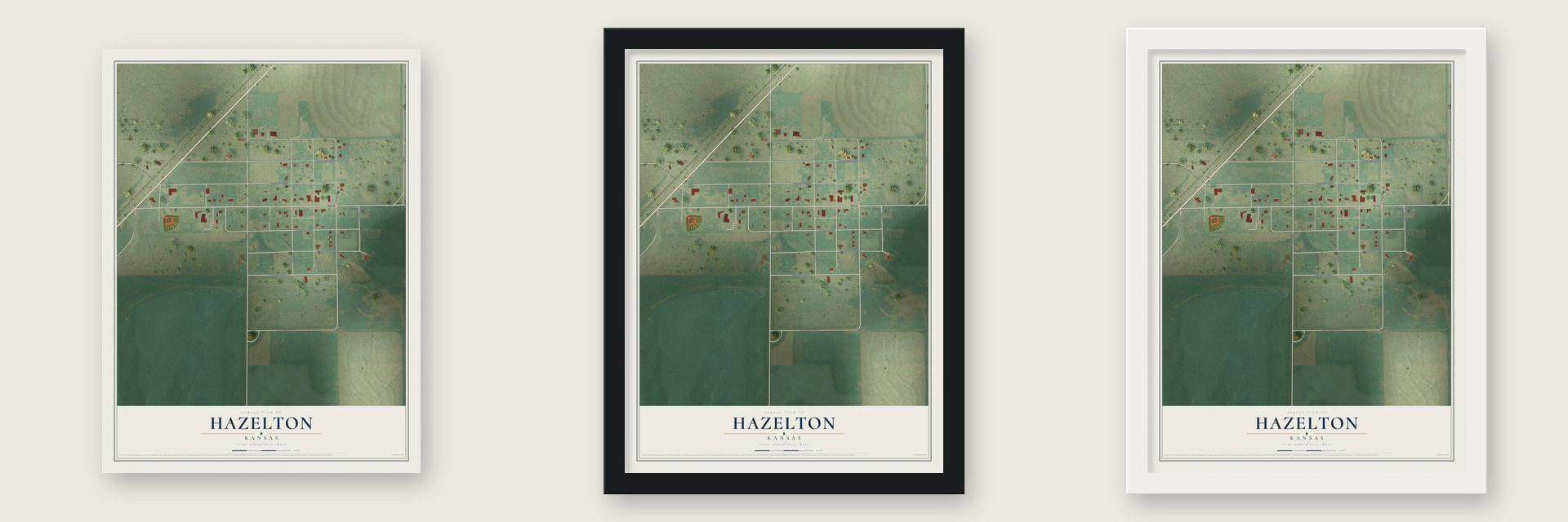 Hazelton, Kansas map unframed, in a black wood frame and in a white wood frame