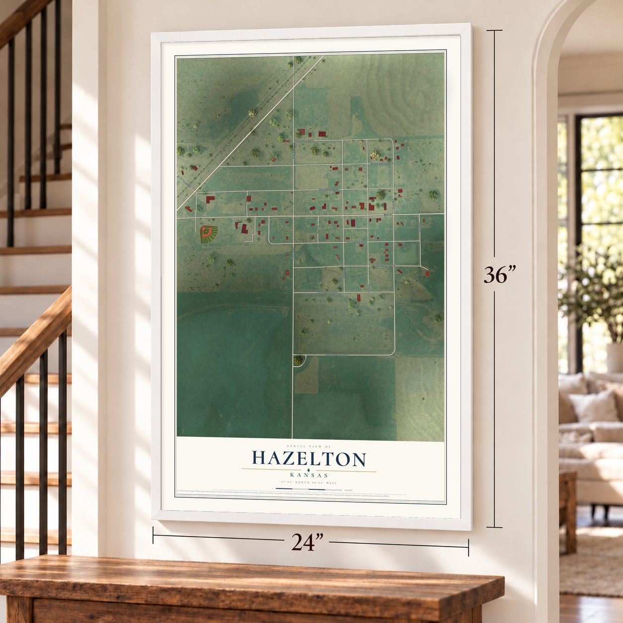 Hazelton, Kansas map, 24 x 36 inch print in a white frame by a staircase