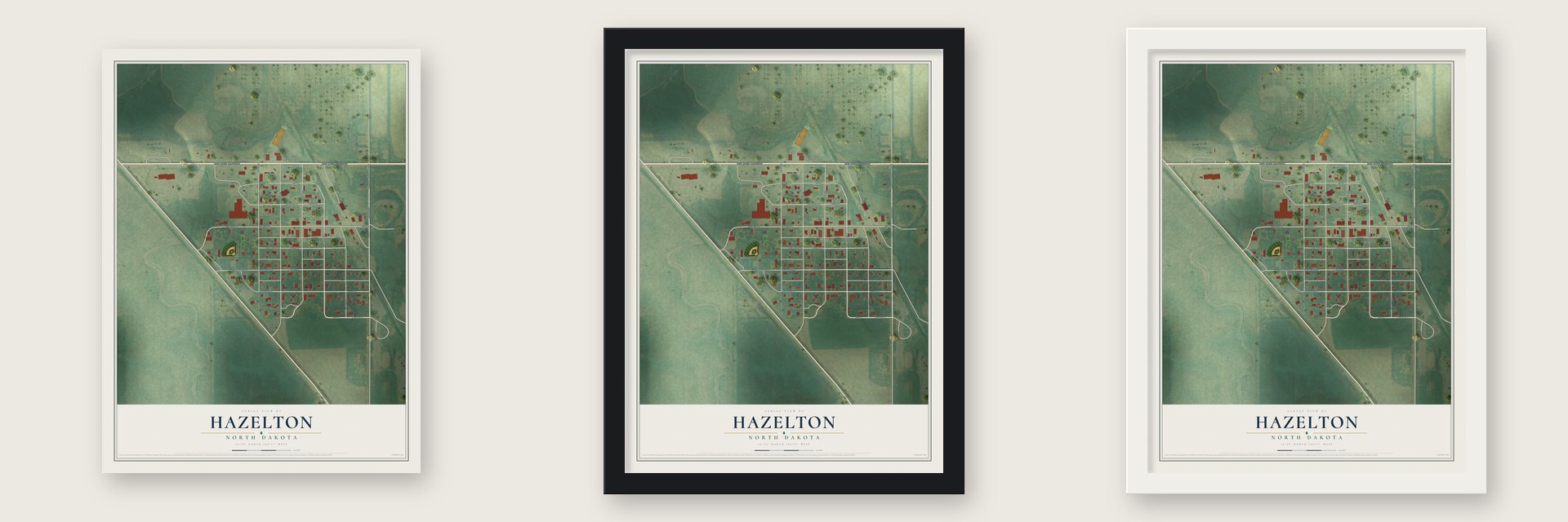 Hazelton, North Dakota map unframed, in a black wood frame and in a white wood frame