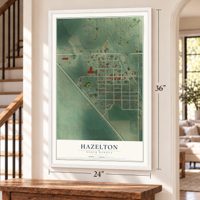 Hazelton, North Dakota map, 24 x 36 inch print in a white frame by a staircase