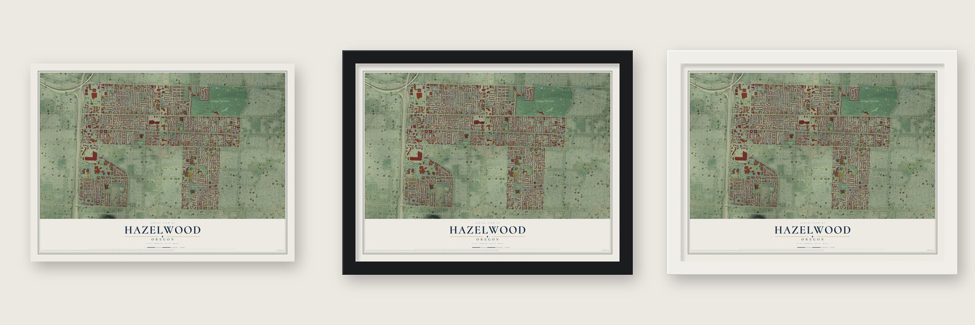 Hazelwood, Oregon map unframed, in a black wood frame and in a white wood frame
