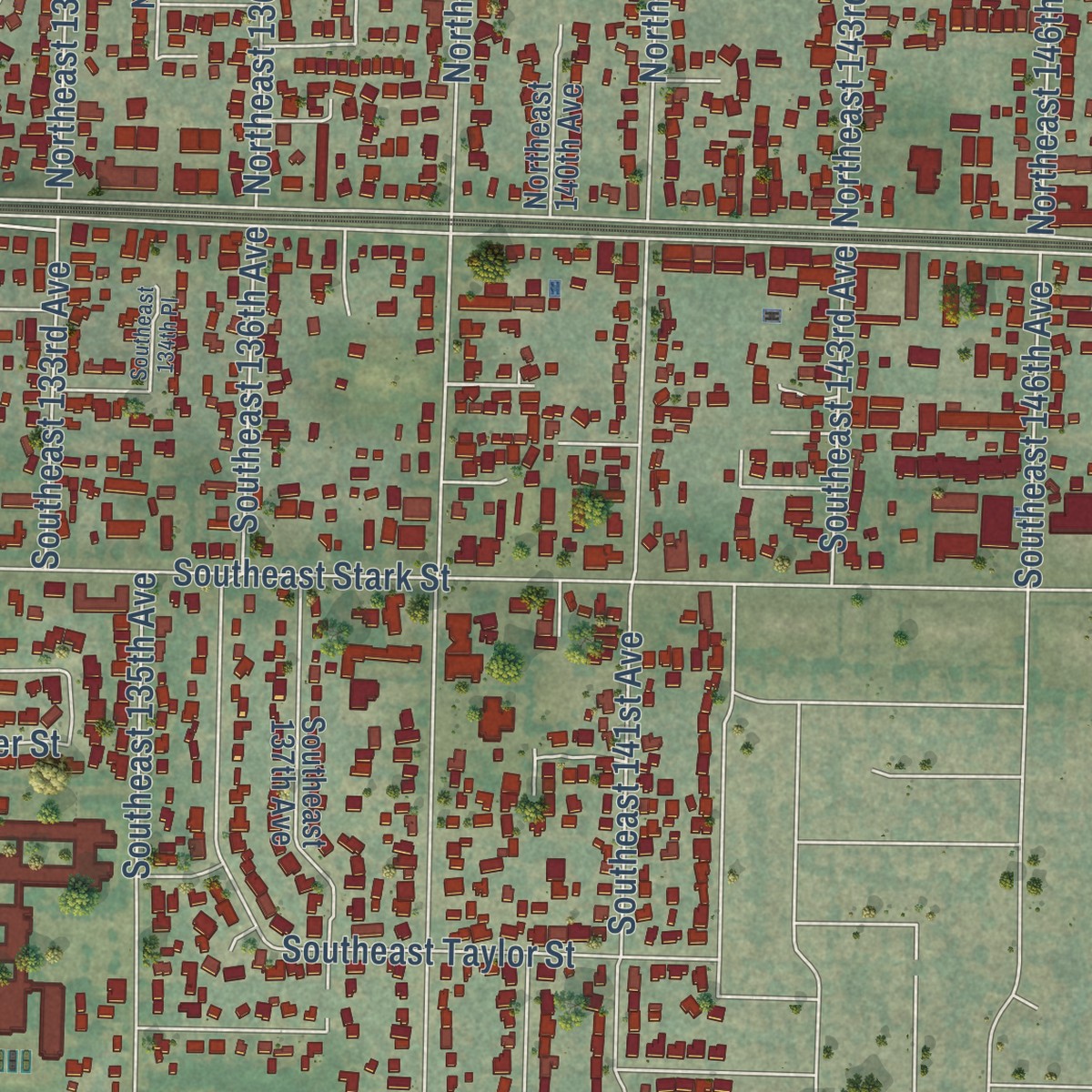 Second close-up of the map of Hazelwood, Oregon print showing more streets and buildings