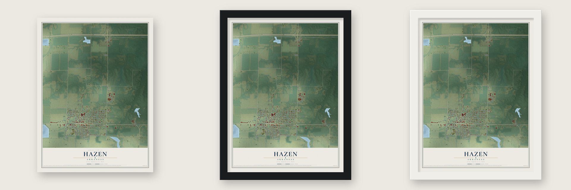 Hazen, Arkansas map unframed, in a black wood frame and in a white wood frame