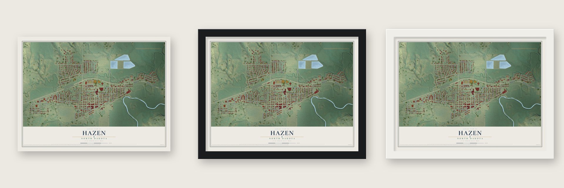 Hazen, North Dakota map unframed, in a black wood frame and in a white wood frame
