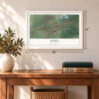 Hazen, North Dakota map, 12 x 18 inch print in a white frame in an entryway
