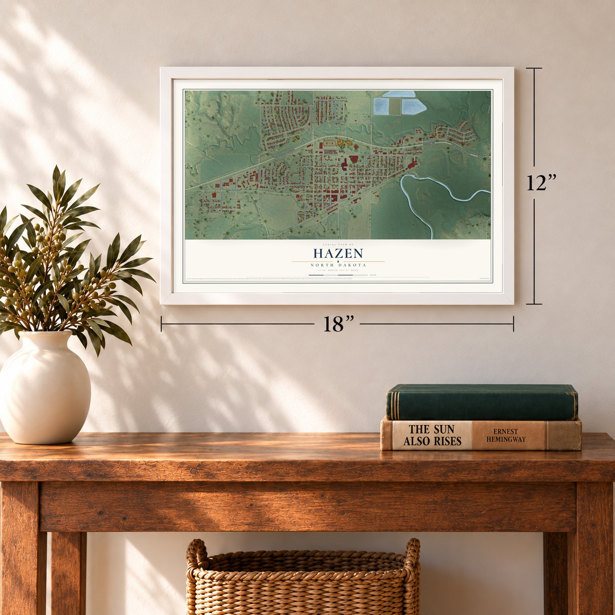 Hazen, North Dakota map, 12 x 18 inch print in a white frame in an entryway