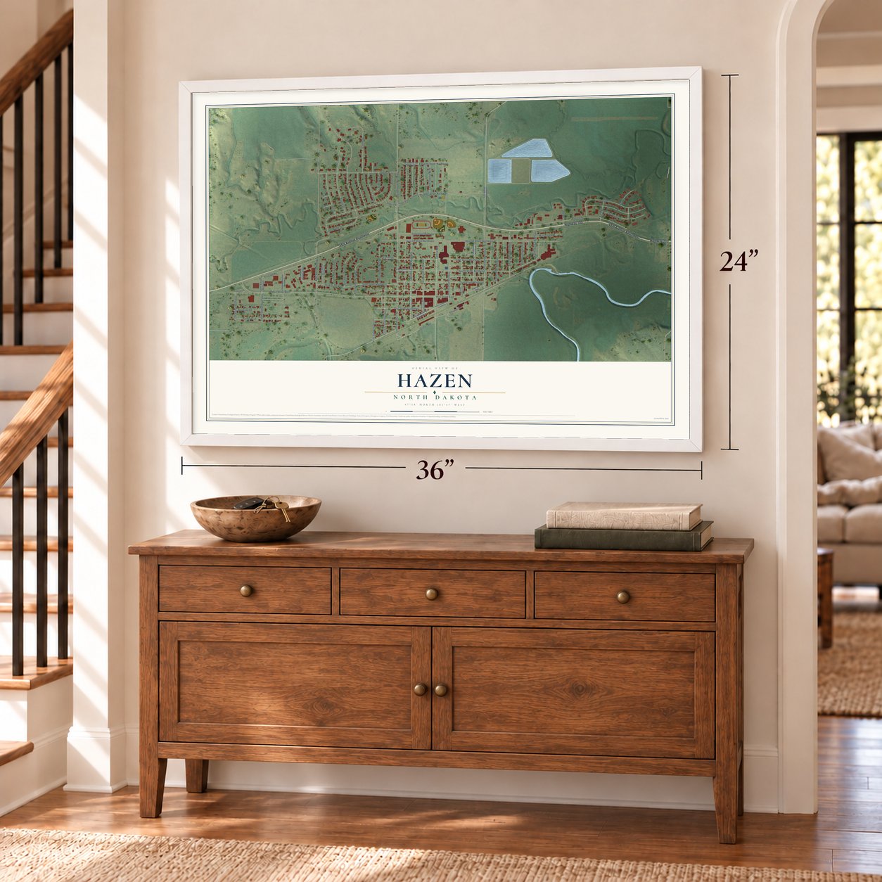 Hazen, North Dakota map, 24 x 36 inch print in a white frame above a dresser by a staircase