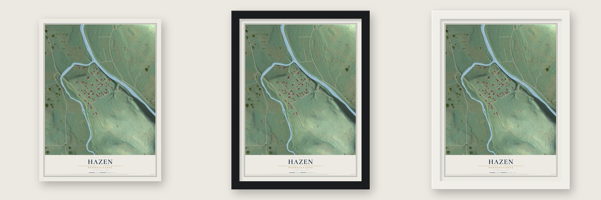 Hazen, Pennsylvania map unframed, in a black wood frame and in a white wood frame