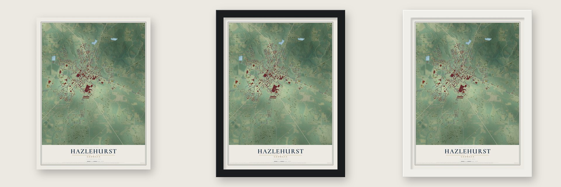 Hazlehurst, Georgia map unframed, in a black wood frame and in a white wood frame