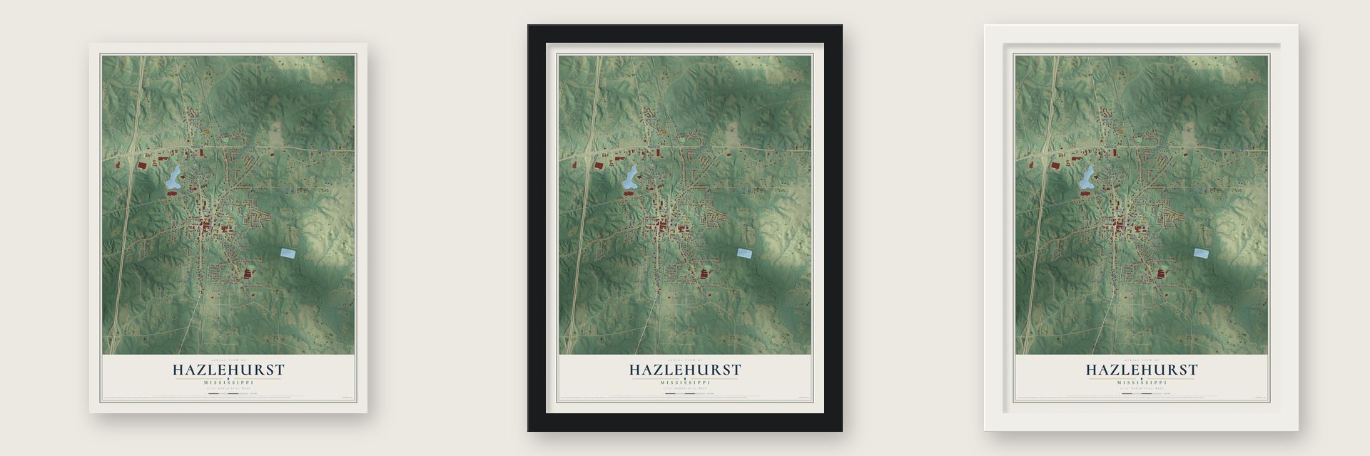Hazlehurst, Mississippi map unframed, in a black wood frame and in a white wood frame