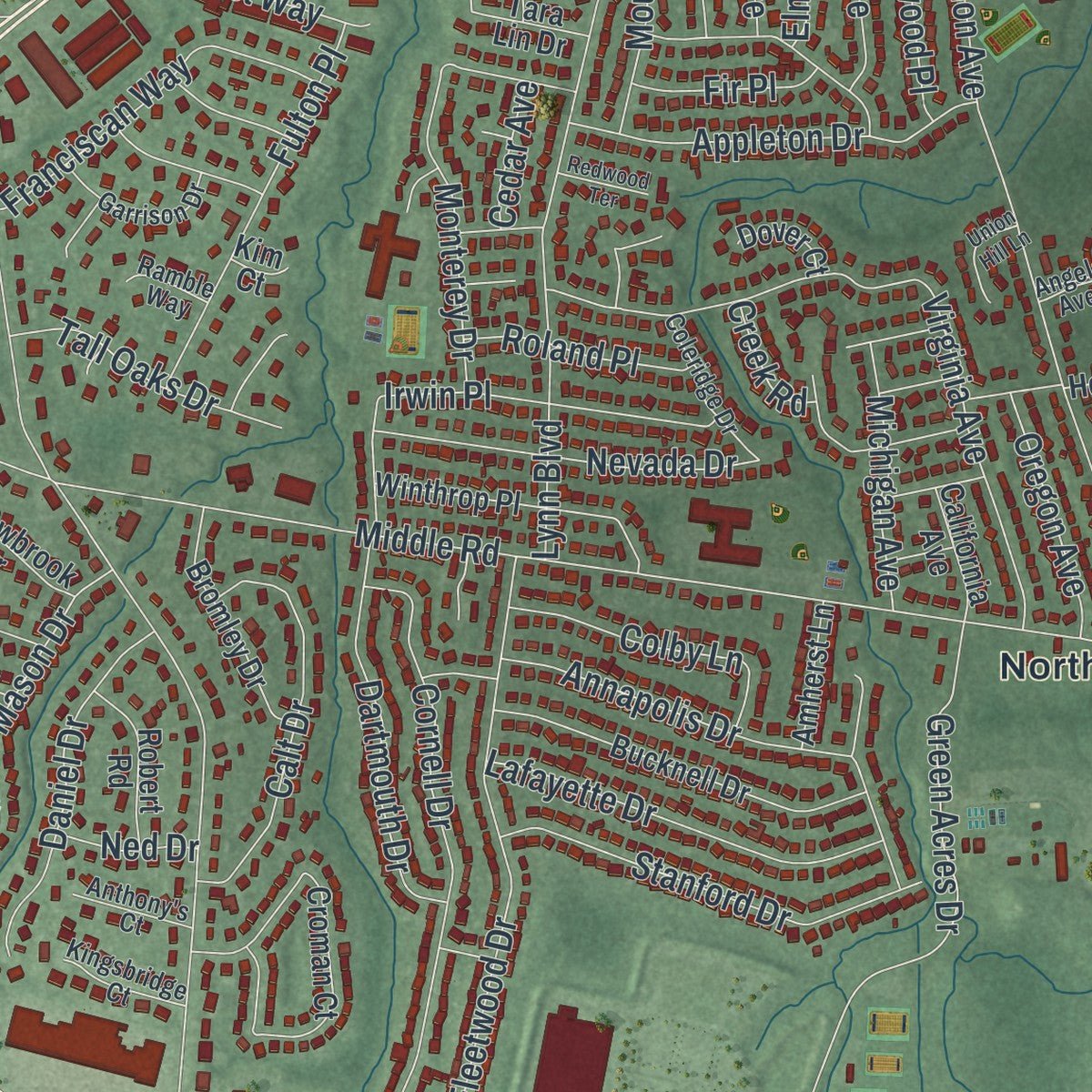 Second close-up of the map of Hazlet, New Jersey print showing more streets and buildings