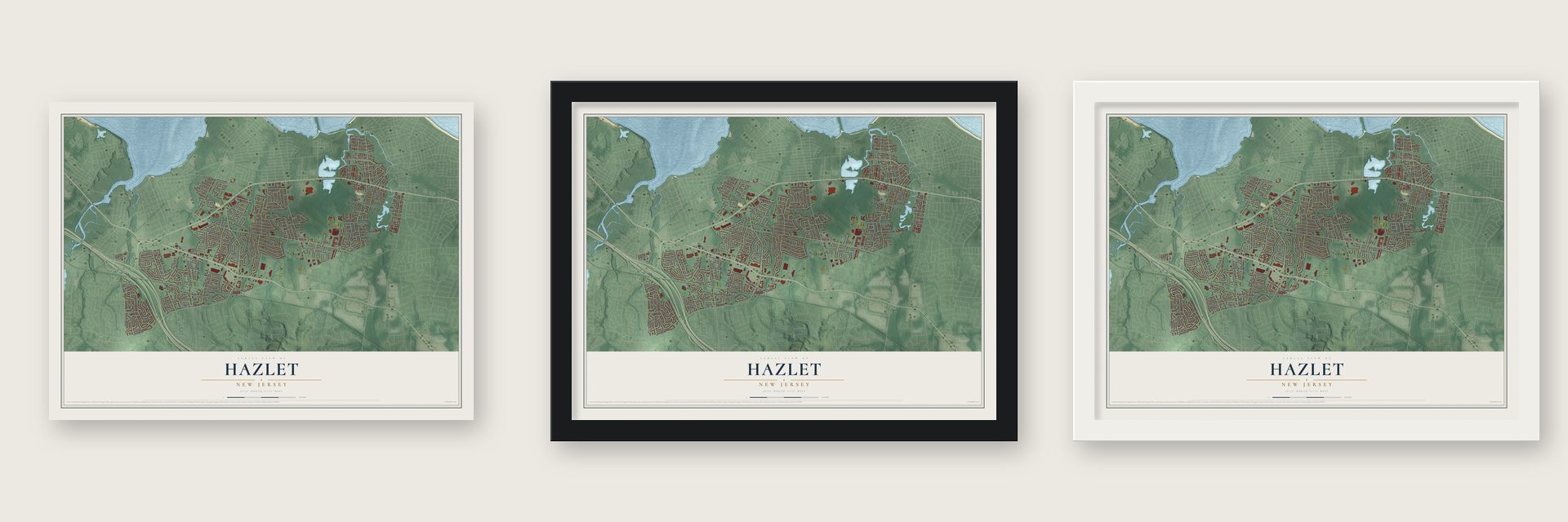 Hazlet, New Jersey map unframed, in a black wood frame and in a white wood frame
