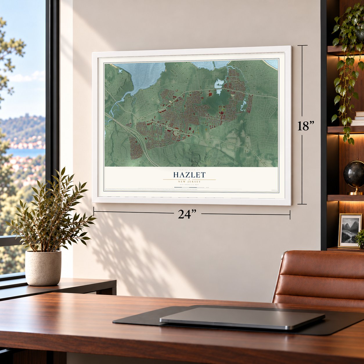 Hazlet, New Jersey map, 18 x 24 inch print in a white frame in a home office