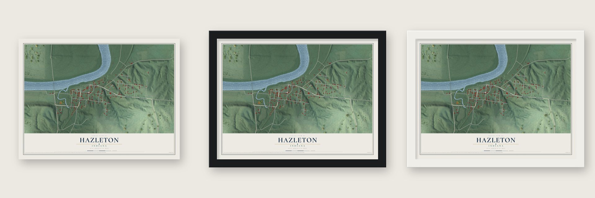 Hazleton, Indiana map unframed, in a black wood frame and in a white wood frame