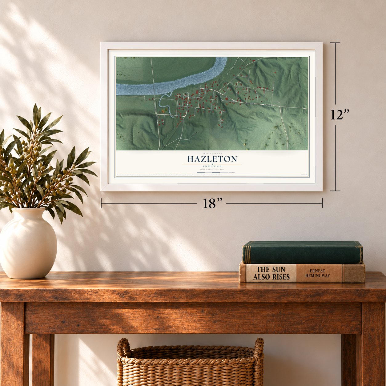 Hazleton, Indiana map, 12 x 18 inch print in a white frame in an entryway