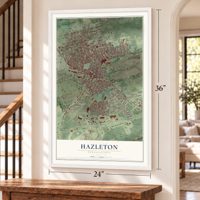 Hazleton, Pennsylvania map, 24 x 36 inch print in a white frame by a staircase
