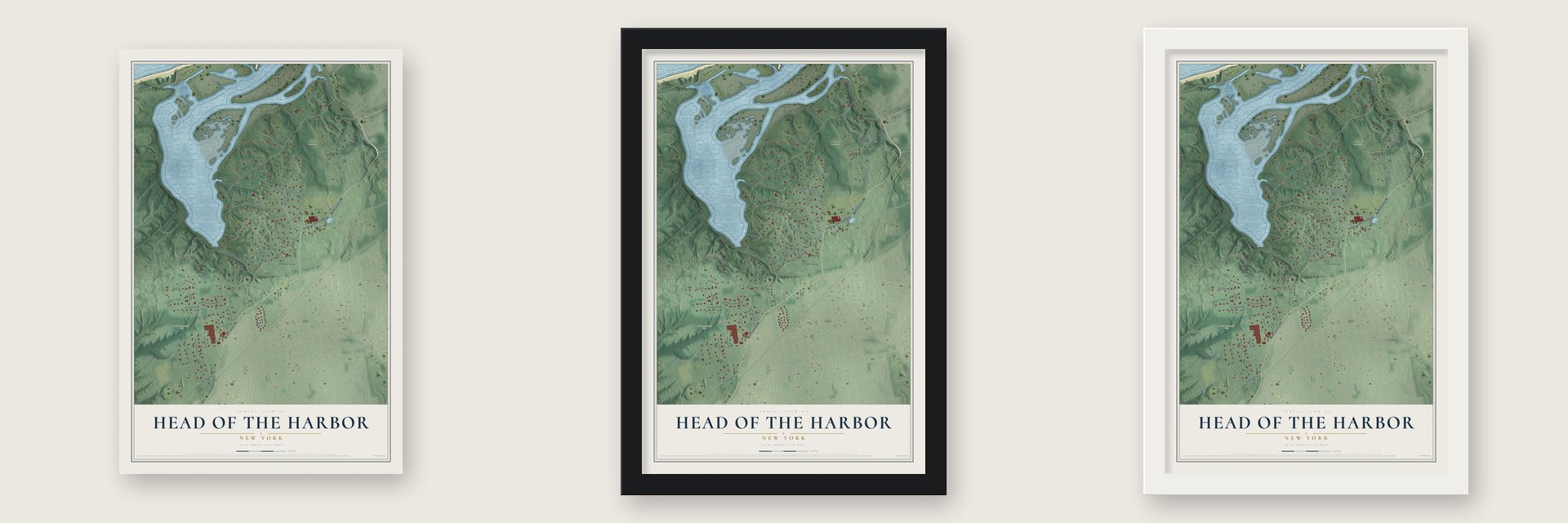 Head of the Harbor, New York map unframed, in a black wood frame and in a white wood frame