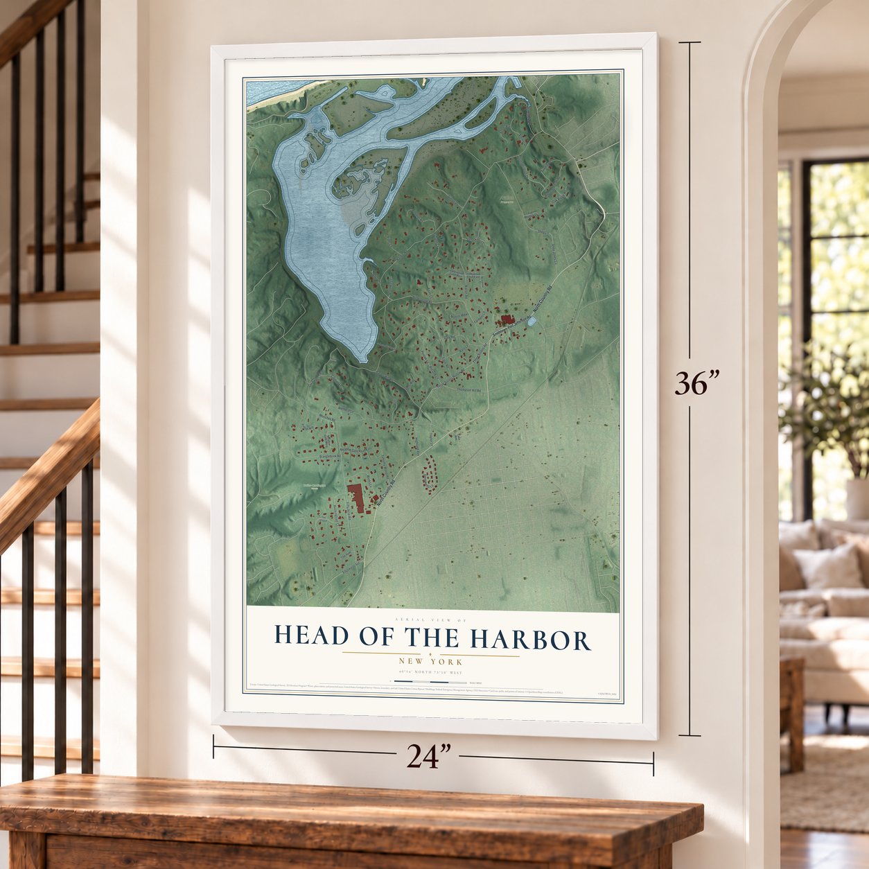 Head of the Harbor, New York map, 24 x 36 inch print in a white frame by a staircase
