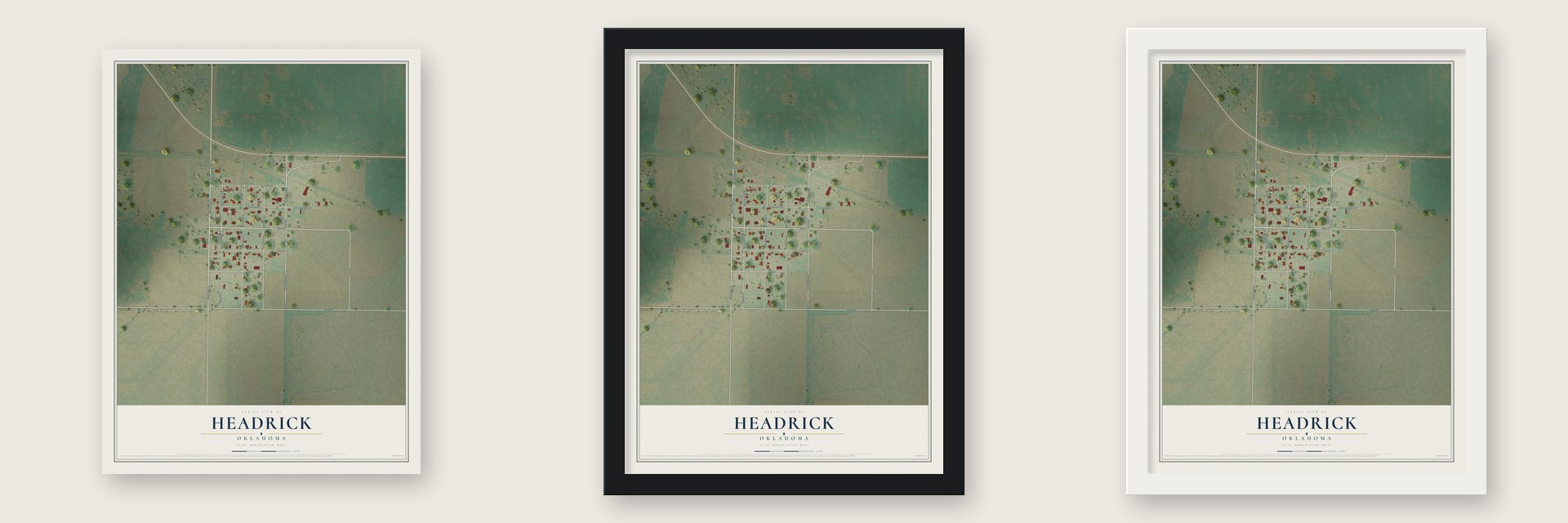 Headrick, Oklahoma map unframed, in a black wood frame and in a white wood frame