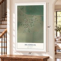 Headrick, Oklahoma map, 24 x 36 inch print in a white frame by a staircase