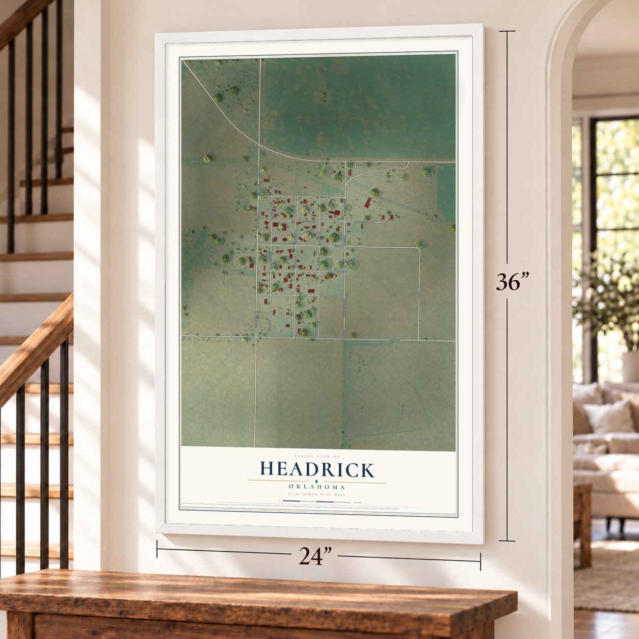 Headrick, Oklahoma map, 24 x 36 inch print in a white frame by a staircase
