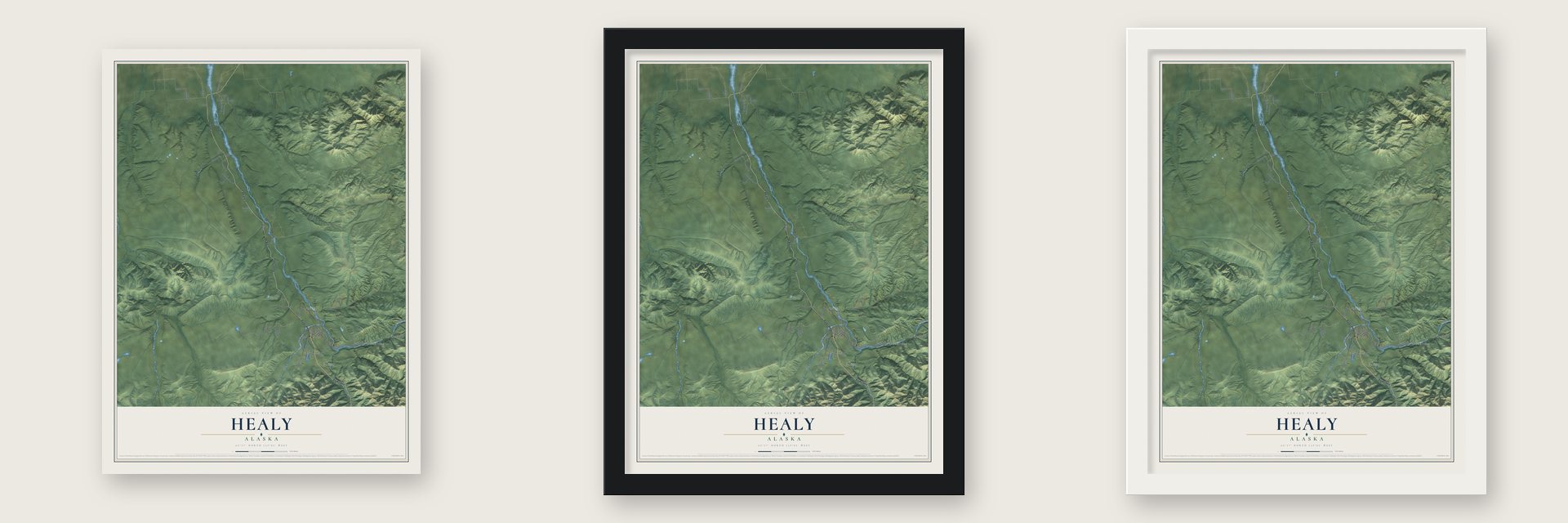 Healy, Alaska map unframed, in a black wood frame and in a white wood frame