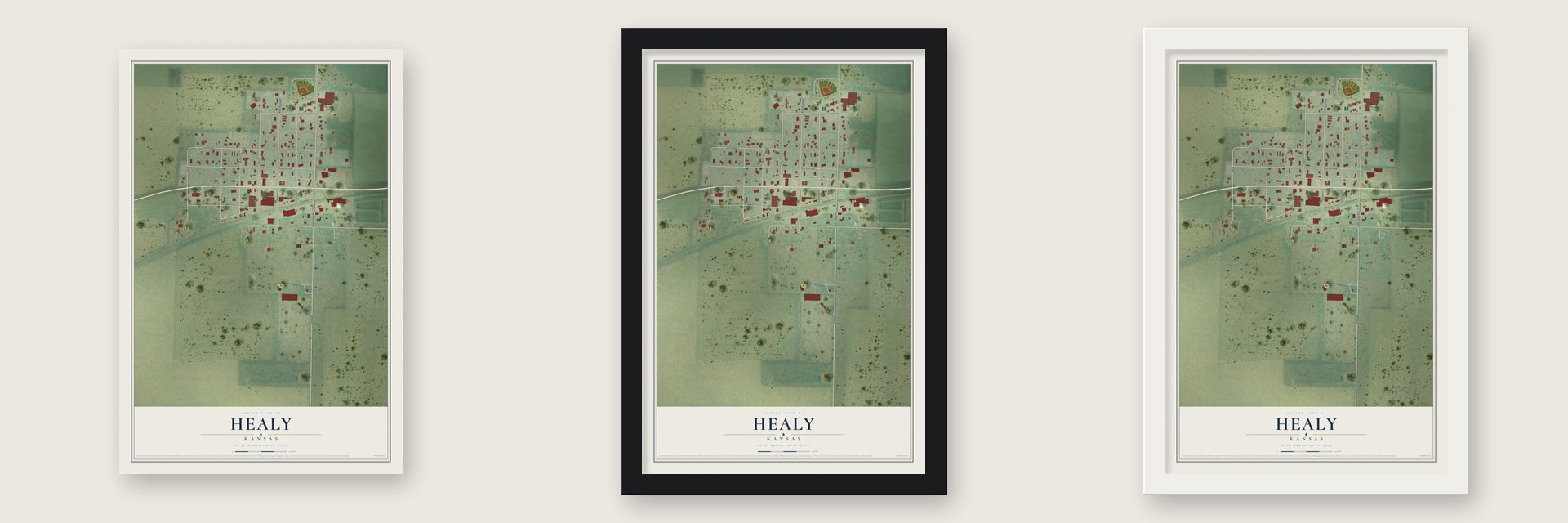 Healy, Kansas map unframed, in a black wood frame and in a white wood frame