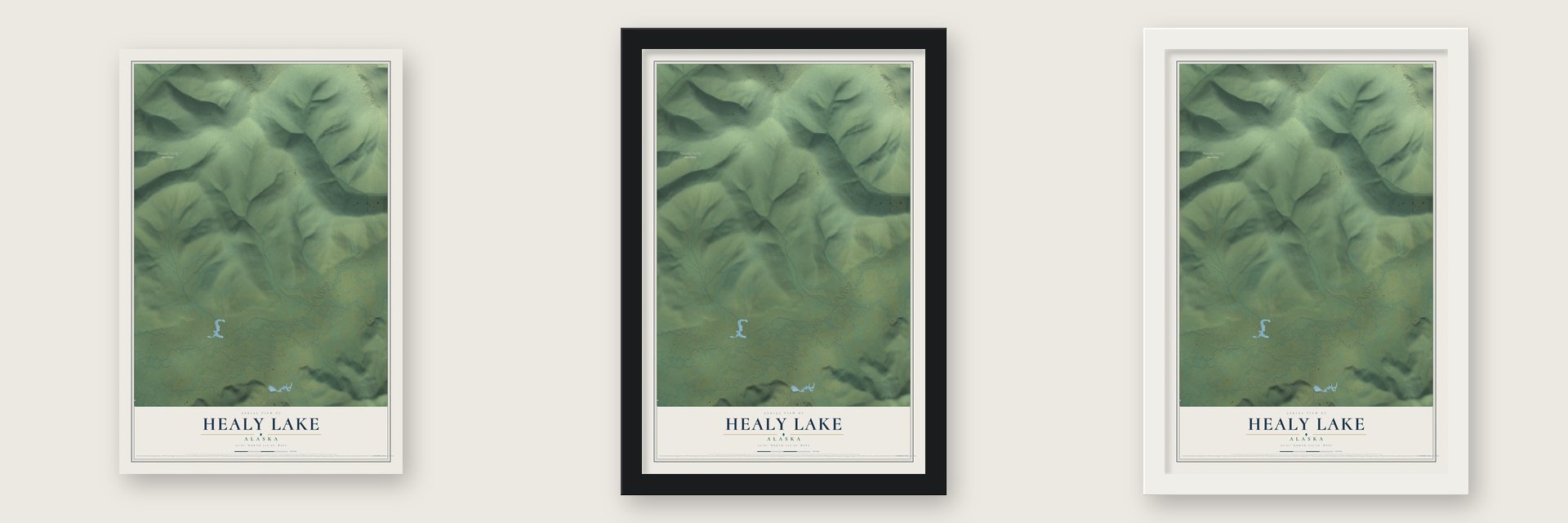 Healy Lake, Alaska map unframed, in a black wood frame and in a white wood frame